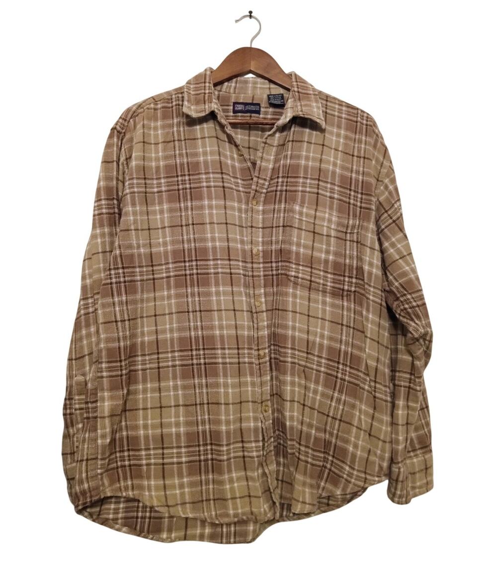 Vintage Faded Glory Plaid Flannel Shirt Tan Brown Cream Cotton Grunge Y2K SZ L